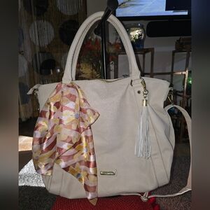 XL Steve Madden Women’s Neutral Tote Bag with Tassel and Scarf Accent- Preloved